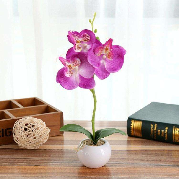 Decorative Landscaping Round Pot Three Flowers Phalaenopsis Bonsai Simulation Potted Plants(Purple)