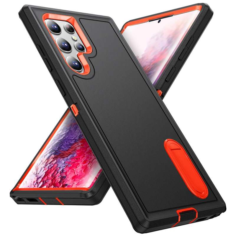 For Samsung Galaxy S22 Ultra 5G 3 in 1 Rugged Holder Phone Case(Black+Orange)