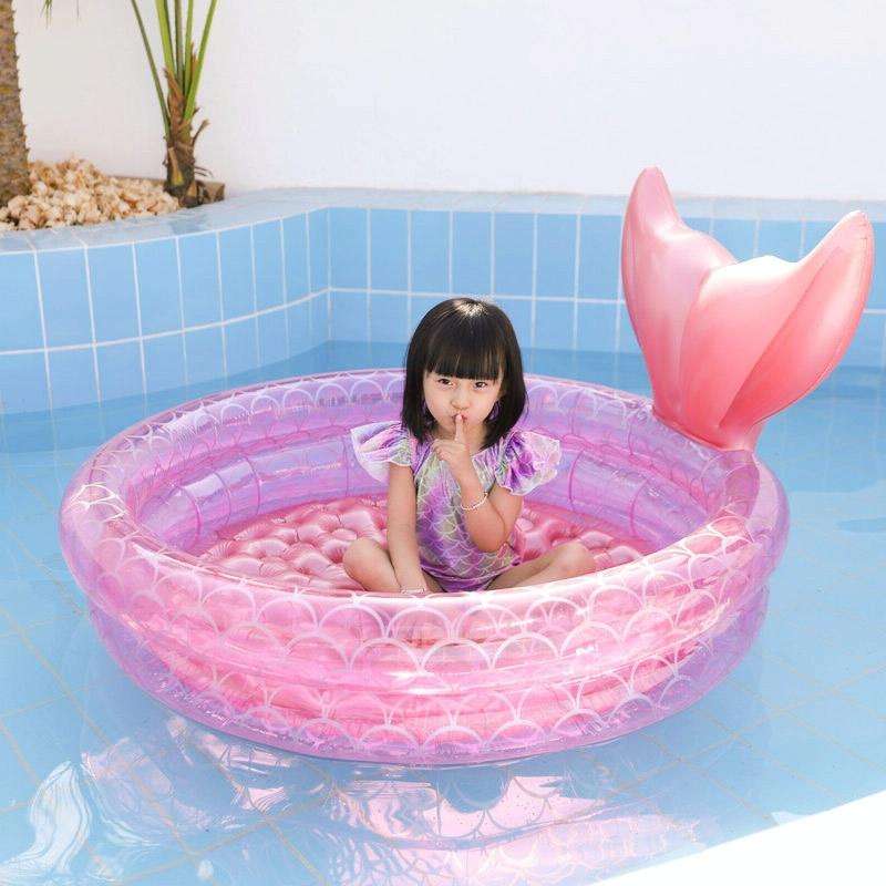 Inflatable Mermaid Shape Pool Home Children Baby Pink Round Swimming Pool Floating Air Cushion, S...