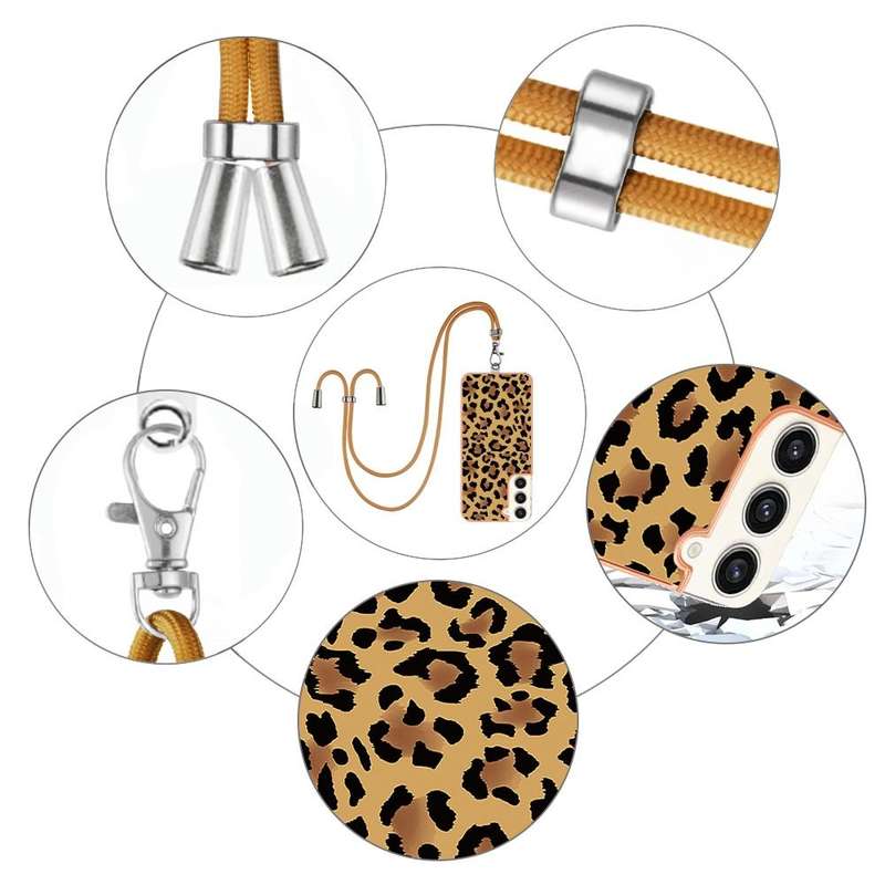 For Samsung Galaxy S23+ 5G Electroplating Dual-side IMD Phone Case with Lanyard(Leopard Print)