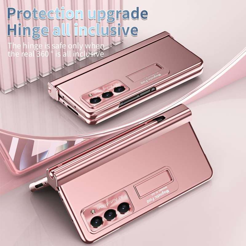 For Samsung Galaxy Z Fold5 Electroplating Corrugated Hinge Folding Phone Case with Pen Slot(Pink)