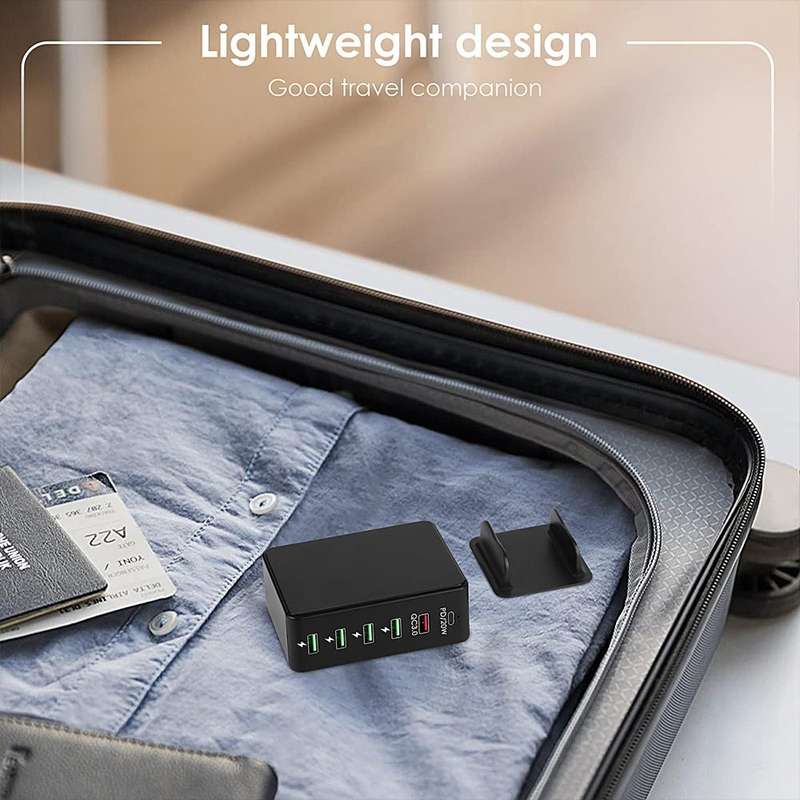 6 in 1 65W PD USB-C / Type-C + QC 3.0 USB + 4 USB Multi-port Travel Charger, US Plug(Black)
