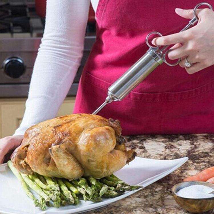 Stainless Steel Seasoning Steak Syringe Turkey Needle Set With Cleaning Silicone Brush(Blue)