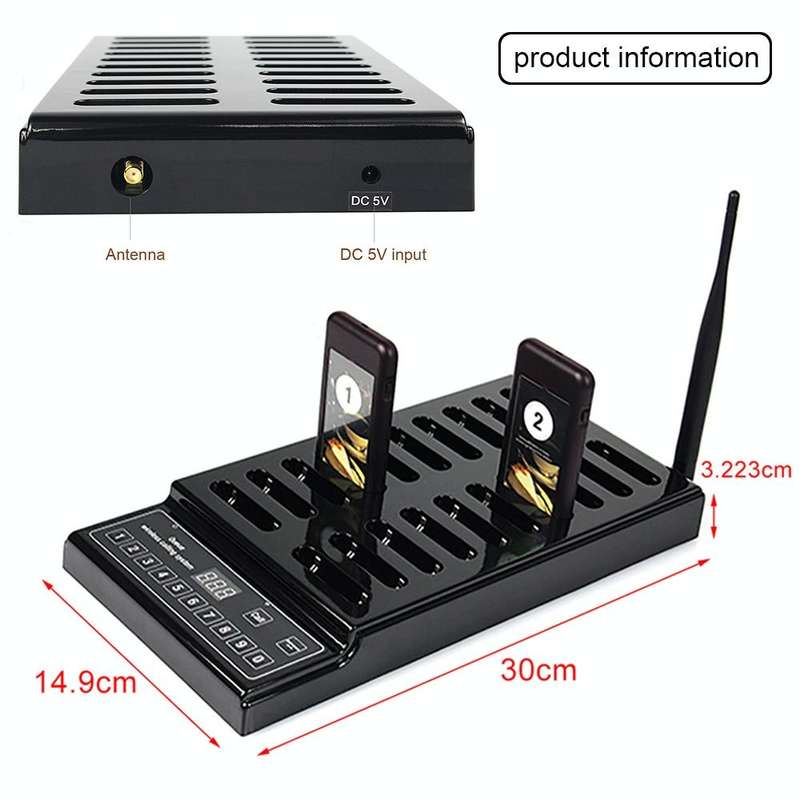 QC100 999 Channel Restaurant Wireless Paging Queuing Calling System with 20 Call Coaster Pagers, ...