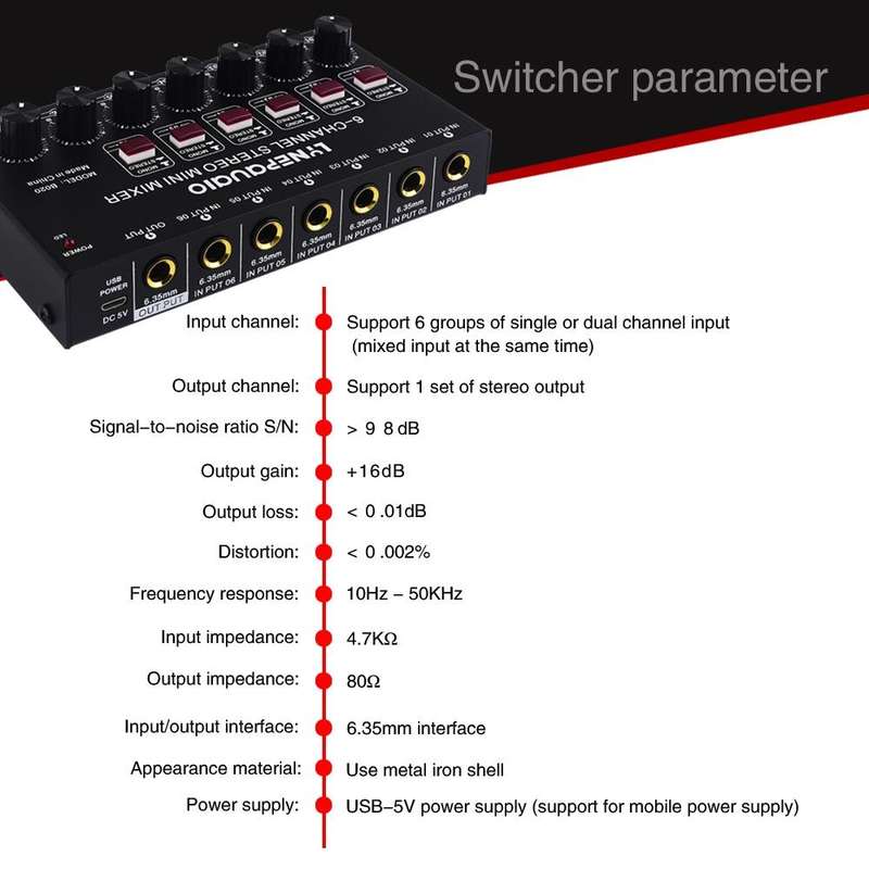 B020 Mini 6-Channel Stereo Audio Mixer Musical Instrument Mixer Electric Wind Electric Guitar Ele...