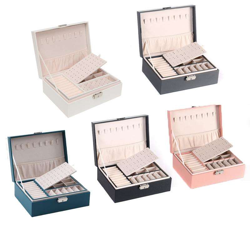 Simple Double-Layered Wooden Leather Jewelry Box With Lock Earrings Jewelry Box(Gray)