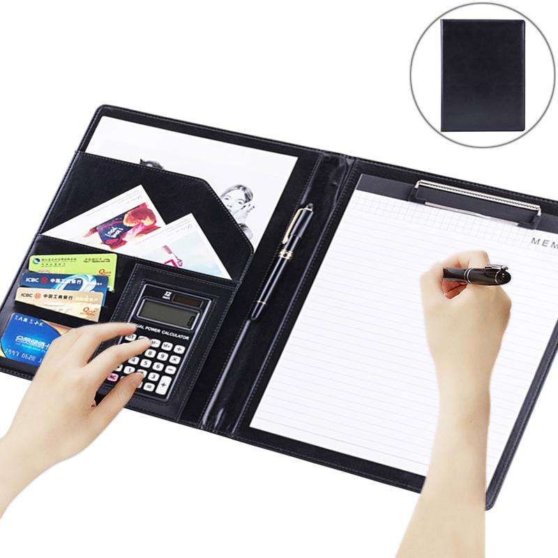 Office Supplies Business Style Leather Document Folder with 30-pages A4 Note Pad & Calculator (Bl...