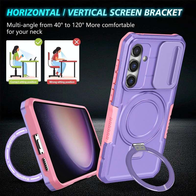 For Samsung Galaxy S23 FE 5G Sliding Camshield Magsafe Holder TPU Hybrid PC Phone Case(Pink Purple)
