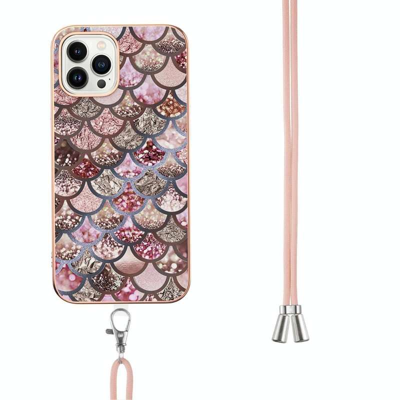 For iPhone 15 Pro Max Electroplating Pattern IMD TPU Shockproof Case with Neck Lanyard(Pink Scales)