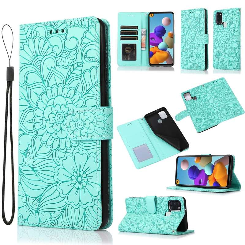 For Samsung Galaxy A21s Skin Feel Embossed Sunflower Horizontal Flip Leather Case with Holder & C...