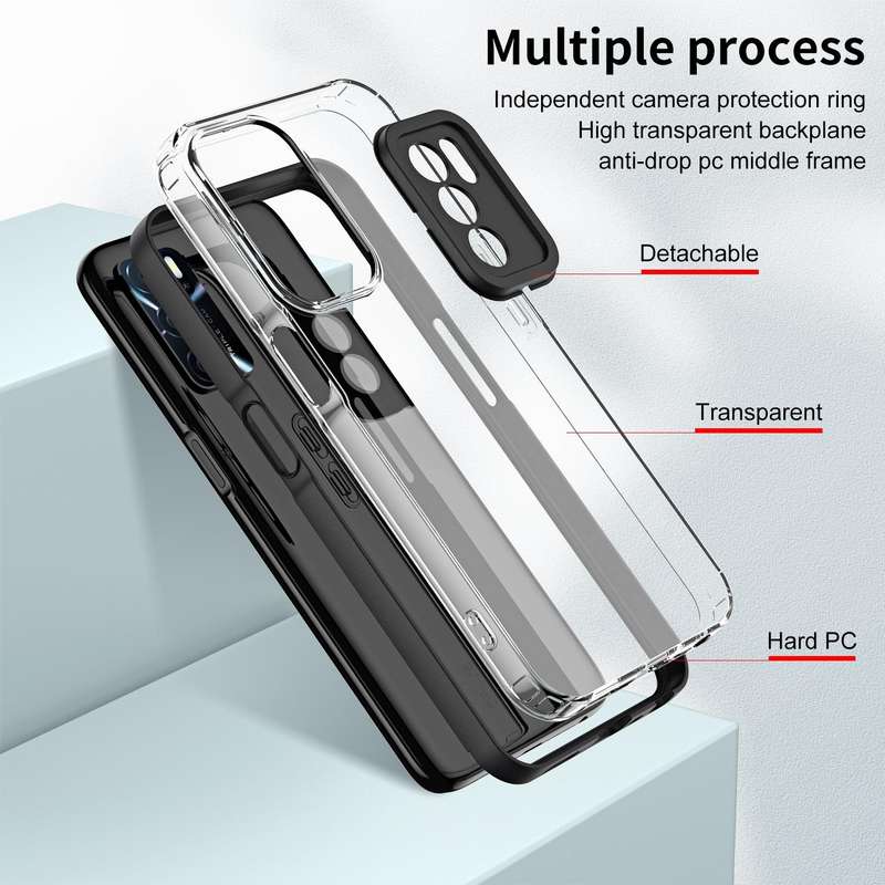 For OPPO A16 / A16s 3 in 1 Clear TPU Color PC Frame Phone Case(Black)