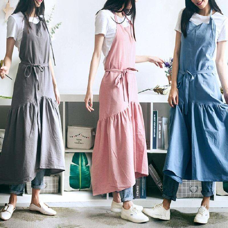 Cotton Linen Fishtail Long Slim Fit Apron Florist Manicure Shop Overalls(Pink)