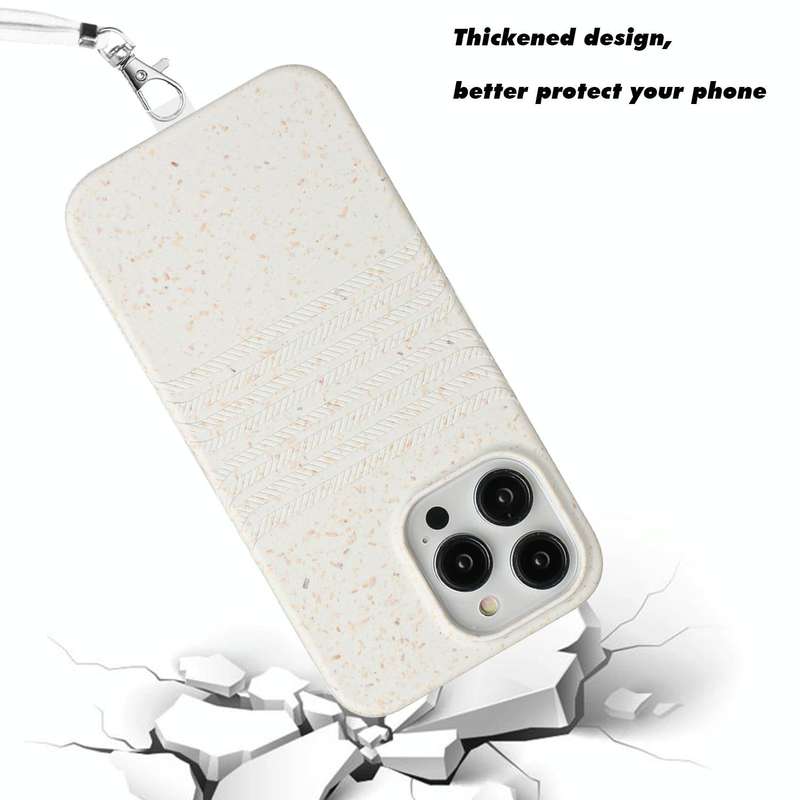 For iPhone 14 Pro Max Wheat Straw Material Degradable TPU Phone Case with Lanyard(White)
