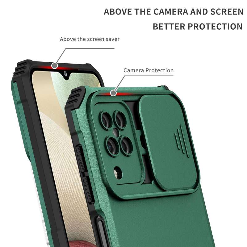 For Samsung Galaxy A12 5G Stereoscopic Holder Sliding Camshield Phone Case(Dark Green)