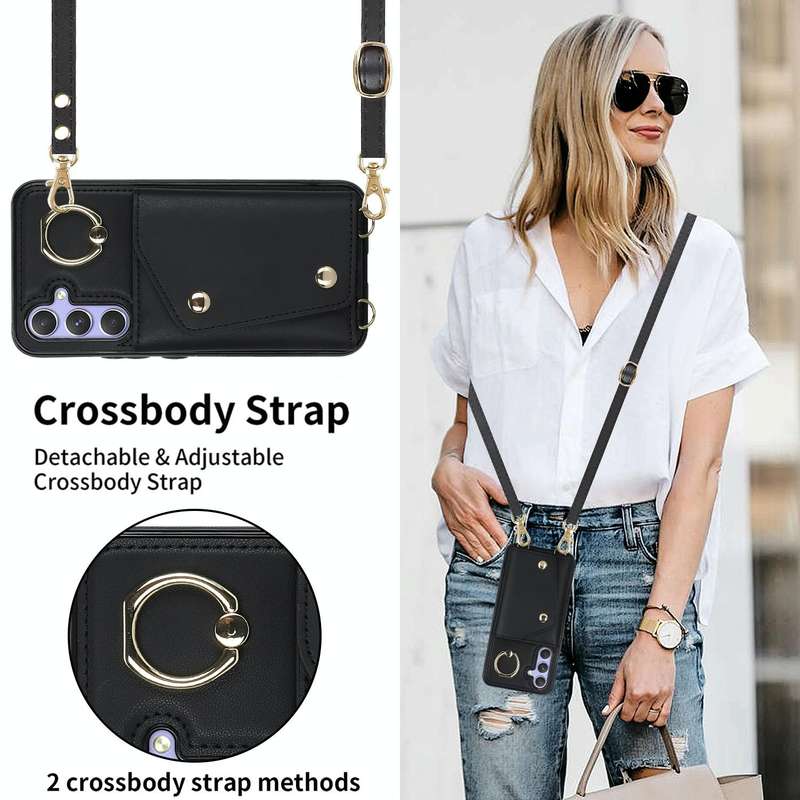 For Samsung Galaxy A54 5G Zipper Card Bag Phone Case with Dual Lanyard(Black)