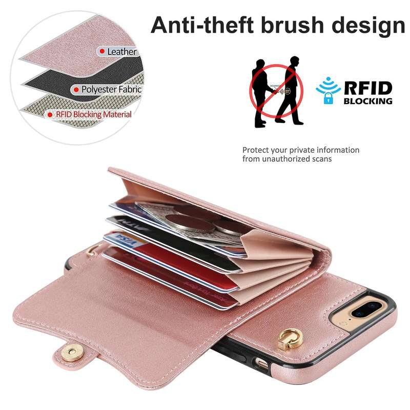 For iPhone 8 Plus / 7 Plus RFID Card Slot Phone Case with Long Lanyard(Rose Gold)