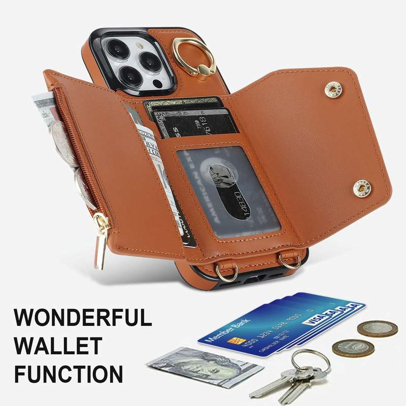 For iPhone 13 Pro Max Zipper Card Bag Phone Case with Dual Lanyard(Brown)