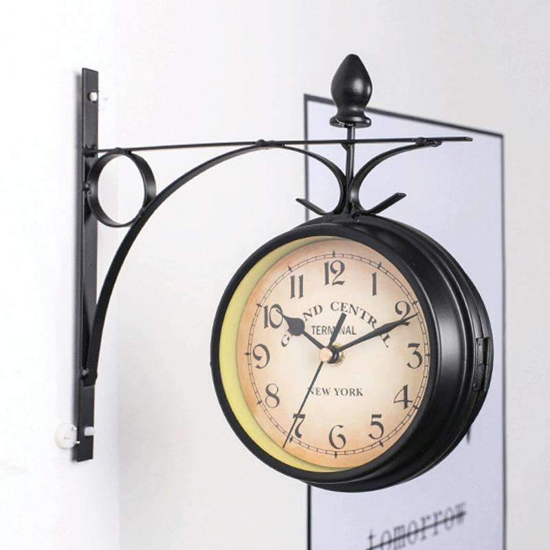 Wrought Iron Clock Vintage Decorative Double-sided Wall Clock(Black)