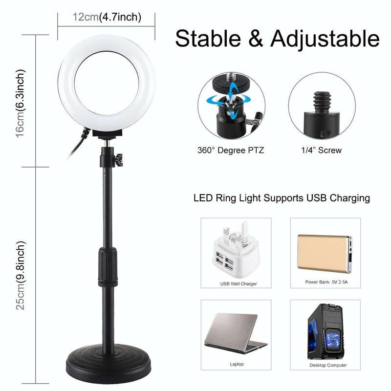 PULUZ Round Base Desktop Holder + 4.7 inch 12cm 3 Modes USB Dimmable LED Ring Vlogging Video Ligh...