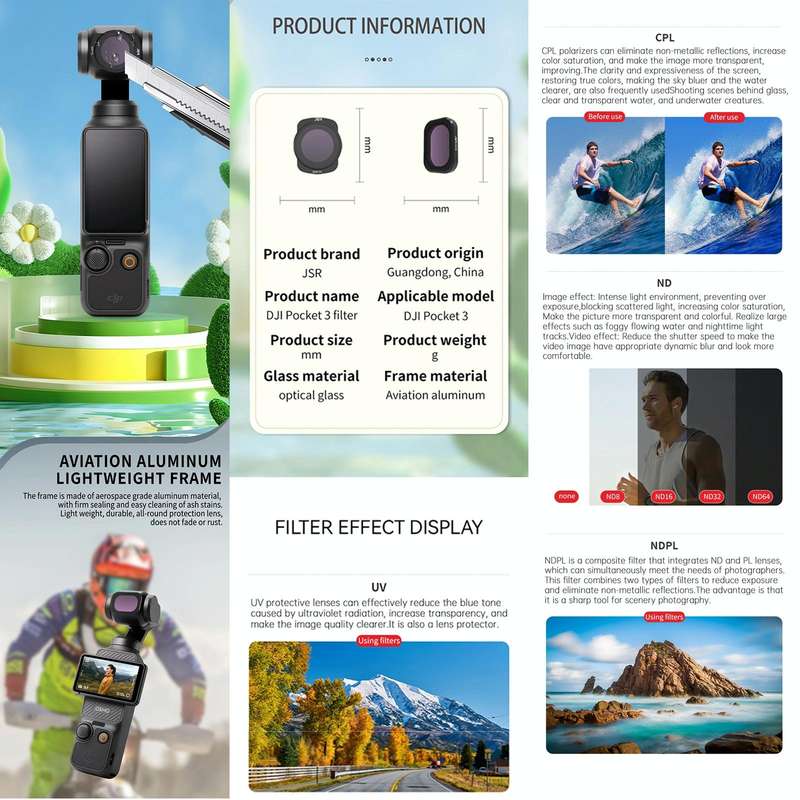For DJI OSMO Pocket 3 JSR CB Series Camera Lens Filter, Filter:3 in 1 ND16/64/256