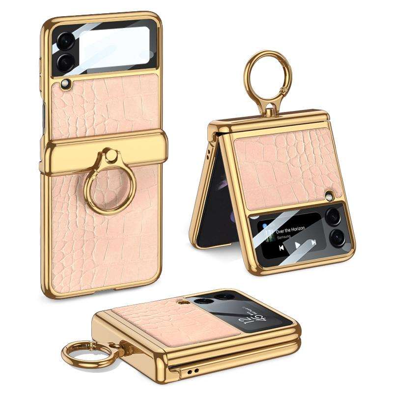 For Samsung Galaxy Z Flip3 5G GKK Integrated Plating + Leather Flip Phone Case(Crocodile Pink)