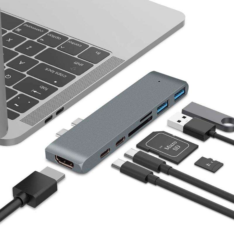 7 In 1 100W USB 3.1 To 20VPD+Card Reader Data+HUB+HDMI 4K Converter(Gray)