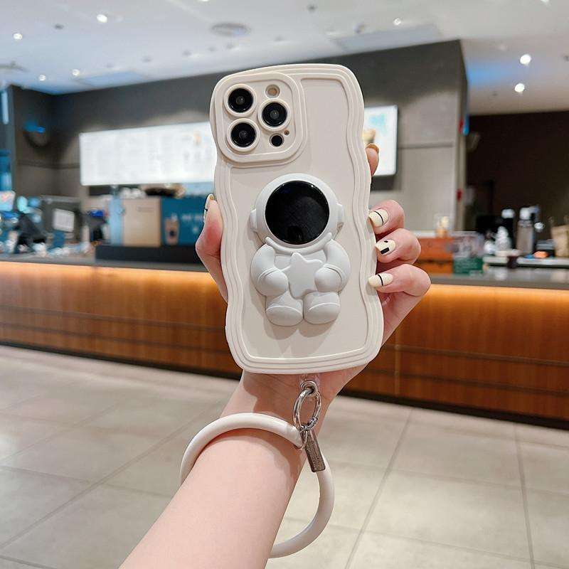 For iPhone 11 3D Astronaut Holder Skin-feel Silicone Phone Case with Wristband(Rose Red)