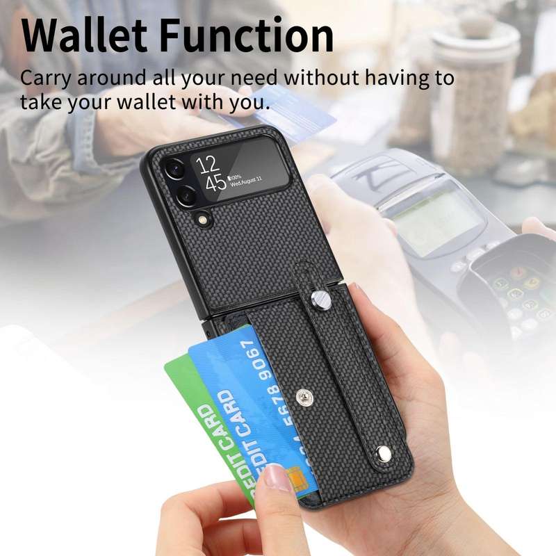 For Samsung Galaxy Z Flip 5G Wristband Kickstand Card Wallet Back Cover Phone Case(Black)