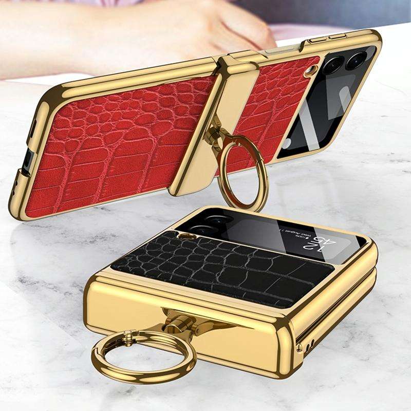 For Samsung Galaxy Z Flip3 5G GKK Integrated Plating + Leather Flip Phone Case(Crocodile Red)