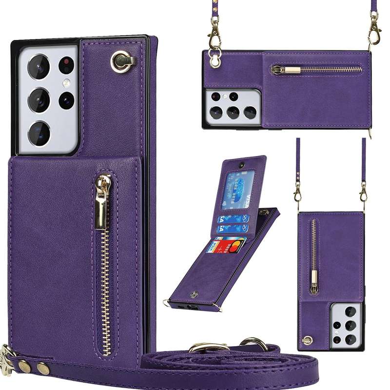 For Samsung Galaxy S21 Ultra 5G Cross-body Zipper Square TPU+PU Back Cover Case with Holder & Car...