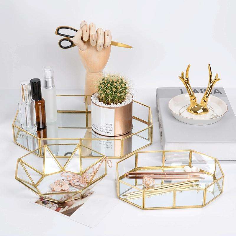 Glass Storage Tray Golden Retro Polygon Mirror Tray Brass Desktop Cosmetics Storage Tray Octagona...