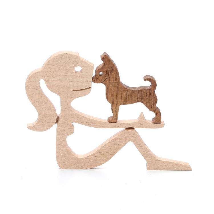 Wooden Human Dog Ornaments Office Home Wood Carving Decoration(B43)