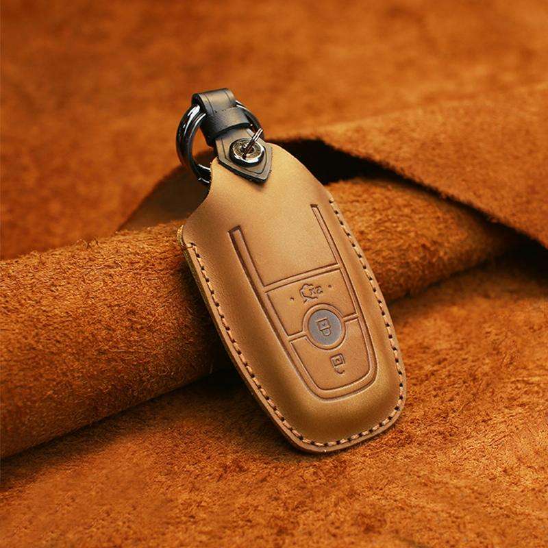 For Ford Car Cowhide Leather Key Protective Cover Key Case, Three Keys Version (Brown)