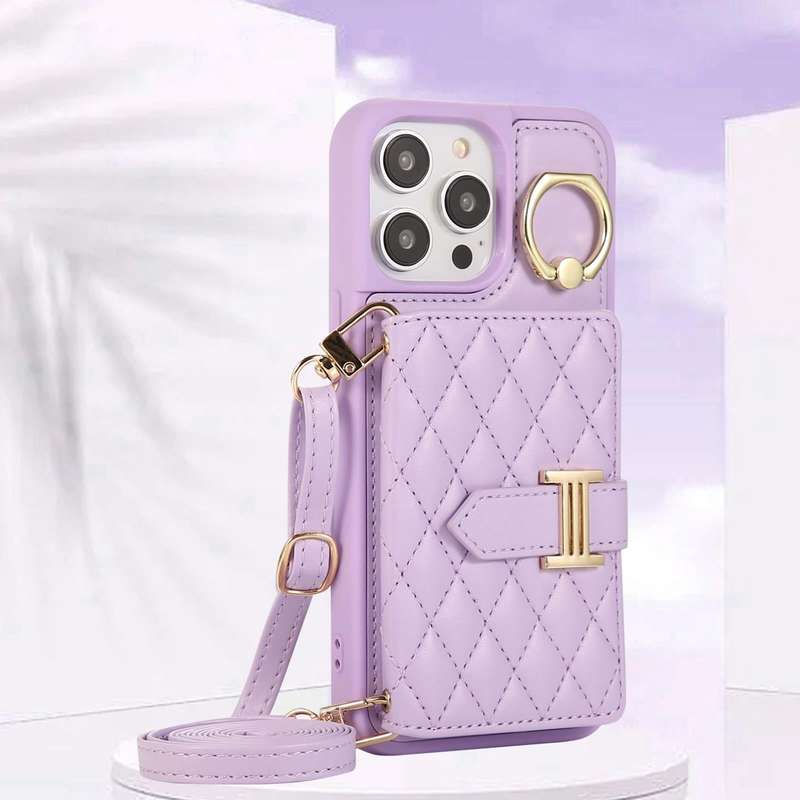 For iPhone 14 Pro Max Horizontal Card Bag Ring Holder Phone Case with Dual Lanyard(Purple)