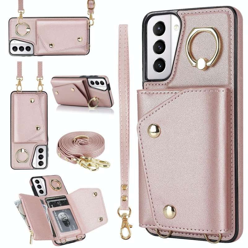 For Samsung Galaxy S21 5G Zipper Card Bag Phone Case with Dual Lanyard(Rose Gold)
