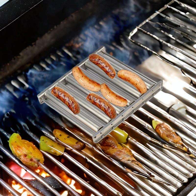 Hot Dog Sausage Grill Stainless Steel Wooden Handle BBQ Rack Kitchen Tools(Boxed)
