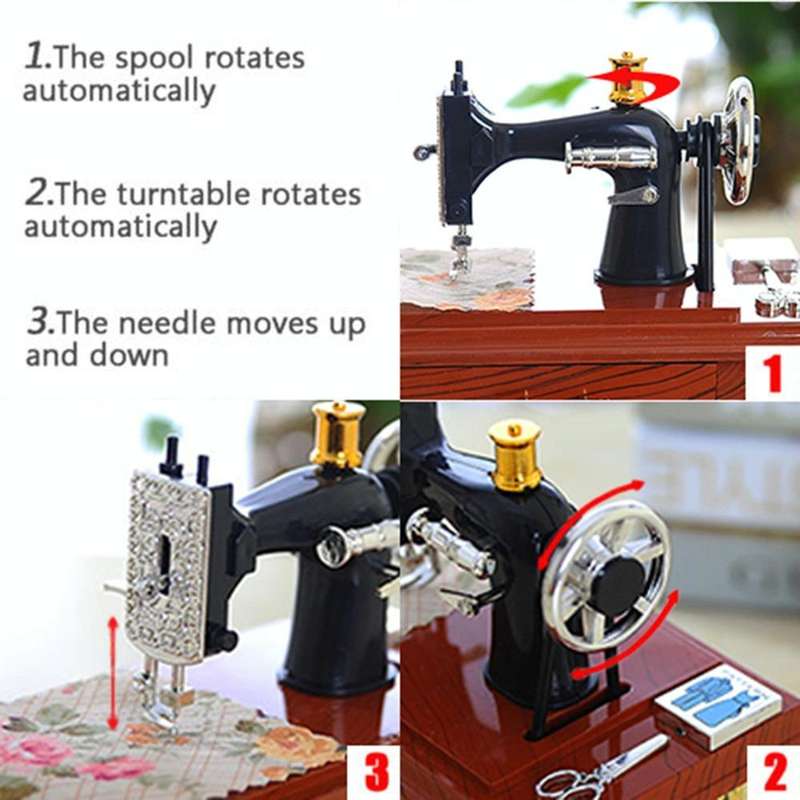 Mini Plastic Vintage Music Box Sewing Machine Style Mechanical Birthday Gift Table Decor