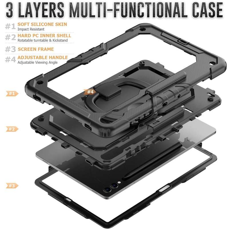 For Samsung Galaxy Tab S9+ D Type Silicone Hybrid PC Tablet Case with Handle Holder(Black)