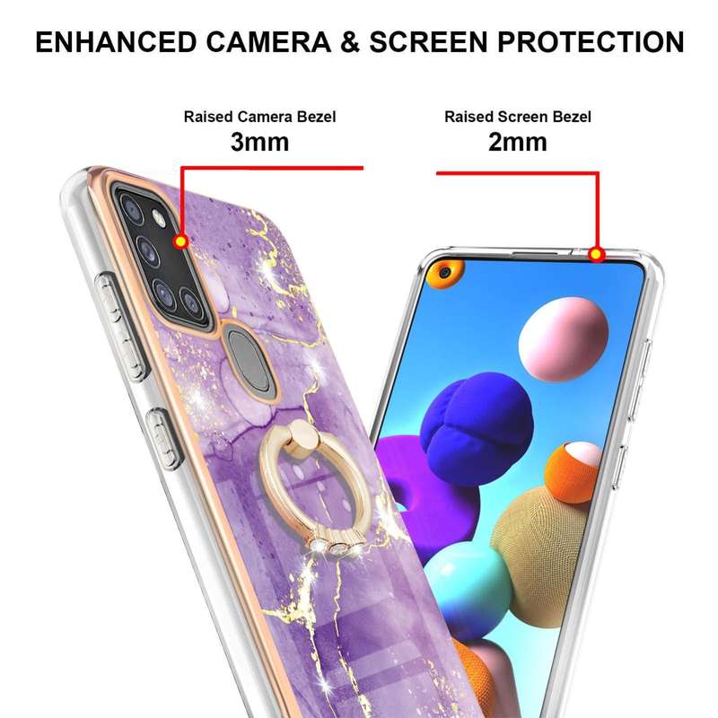 For Samsung Galaxy A21s Electroplating Marble Pattern IMD TPU Shockproof Case with Ring Holder(Pu...