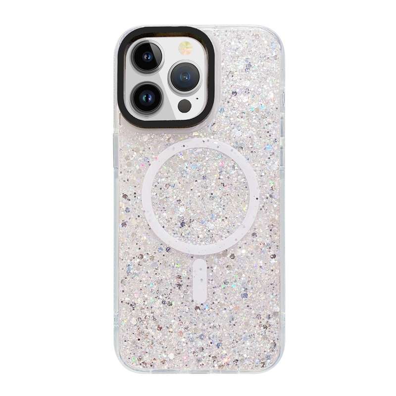 For iPhone 15 Pro Gold Armor MagSafe Glitter Epoxy Phone Case(White)
