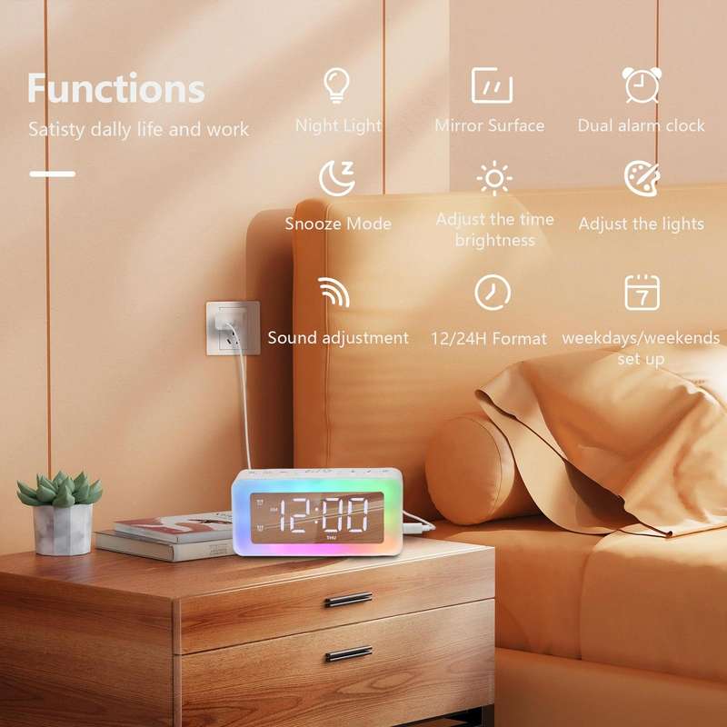 Color Changing LED Light Mirror Alarm Clock Built-in 8 Natural Music(White)