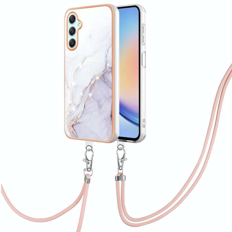 For Samsung Galaxy A24 4G Electroplating Marble Dual-side IMD Phone Case with Lanyard(White 006)
