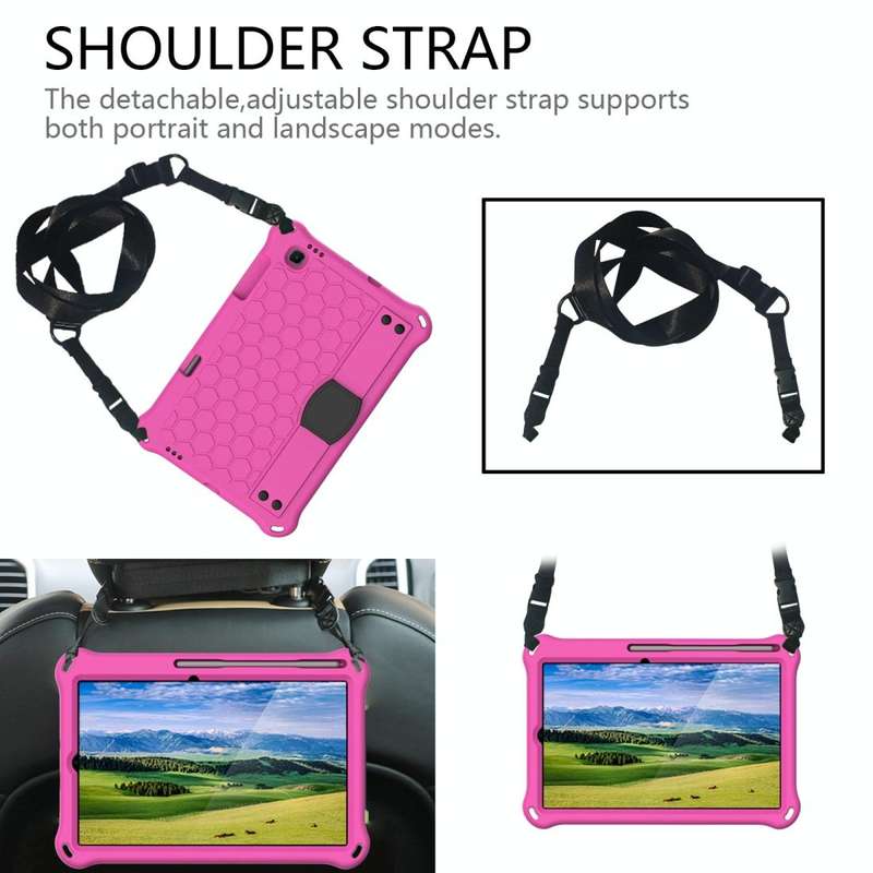 For Samsung Galaxy Tab S6 Lite P610 Honeycomb EVA + PC Shockproof Case with Strap(RoseRed+Black)
