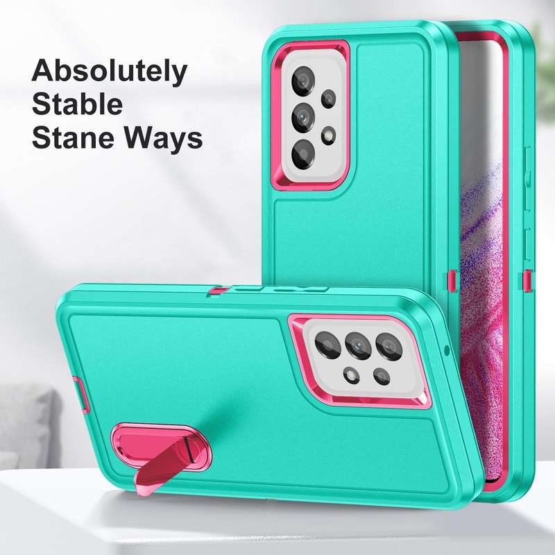 For Samsung Galaxy A53 3 in 1 Rugged Holder Phone Case(Blue + Pink)