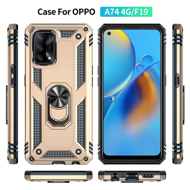 For OPPO A74 4G / F19 Shockproof TPU + PC Protective Case with 360 Degree Rotating Holder(Gold)