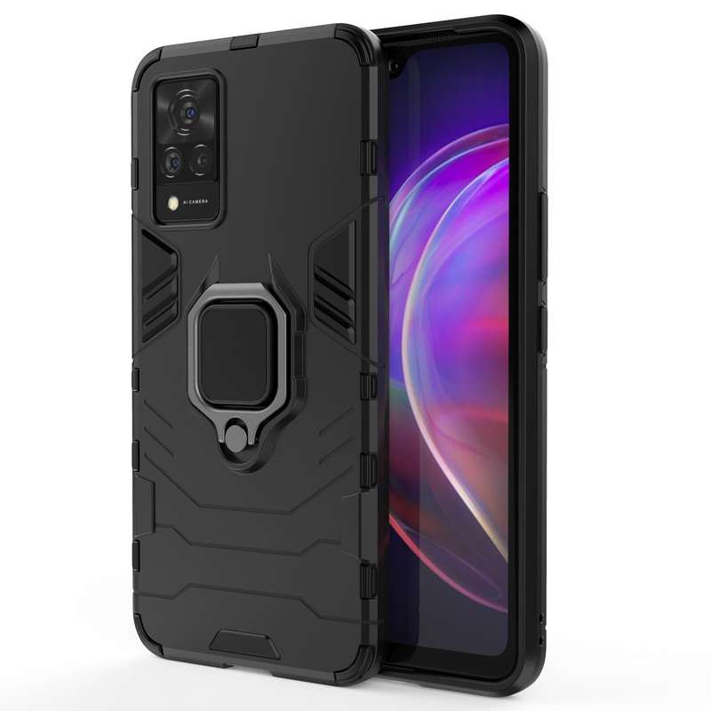 For vivo V21 Shockproof PC + TPU Protective Case with Magnetic Ring Holder(Black)
