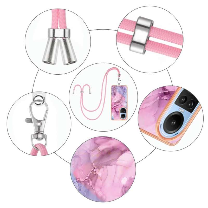 For OPPO Reno10 5G Global Electroplating Marble Dual-side IMD Phone Case with Lanyard(Pink 013)