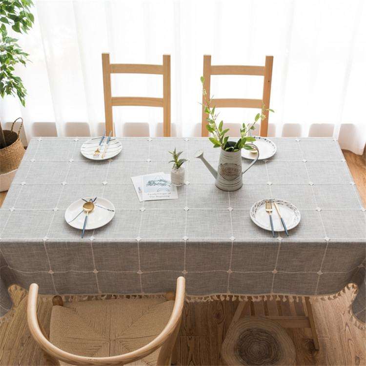 Square Lattice Embroidered Tablecloth Pure Color Cotton Linen Tassel Rectangular Coffee Table Mat...
