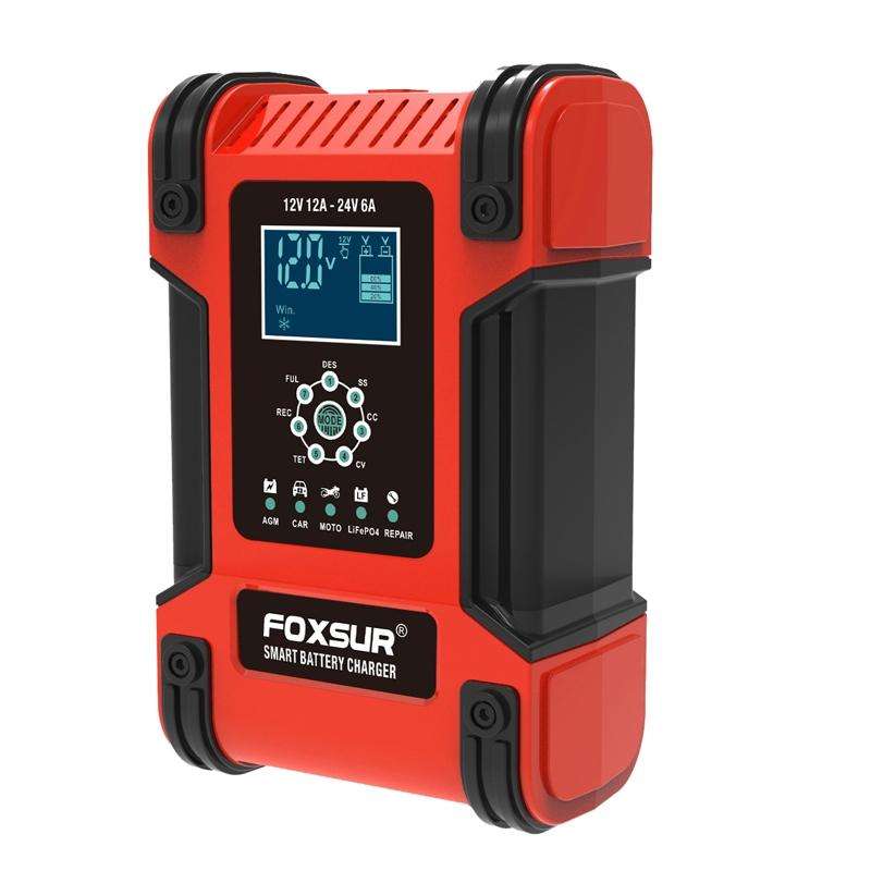 FOXSUR 12A / 12V / 24V Car / Motorcycle 7-stage Lead-acid Battery AGM Charger, Plug Type:UK Plug(...