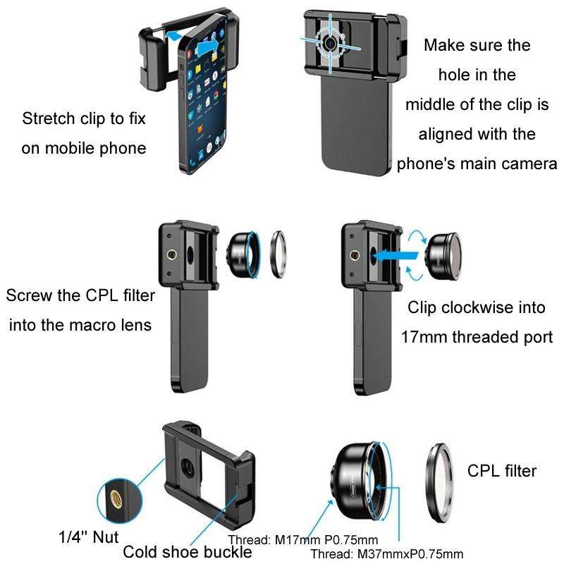 APEXEL CM-HB100CPL HB100mm HD External Macro Mobile Phone Lens with CPL(Black)